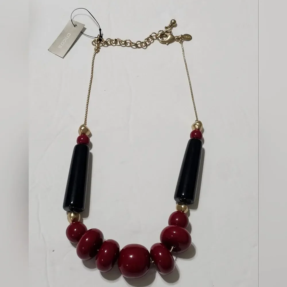 Chico's Maroon and Black Gold‎ Tone Ball Necklace New!
